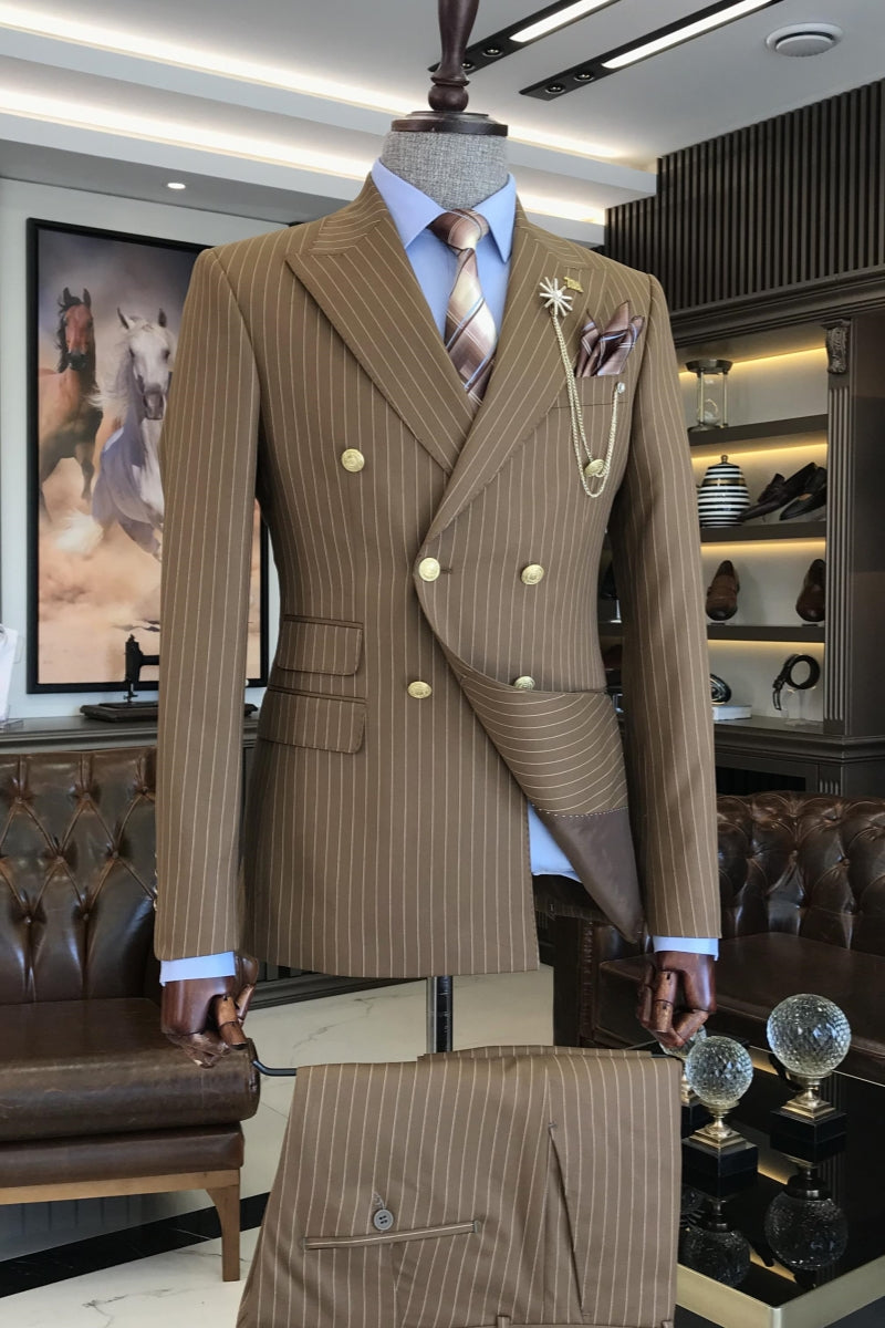 Modern Khaki Striped Double Breasted Formal Suits With Pants
