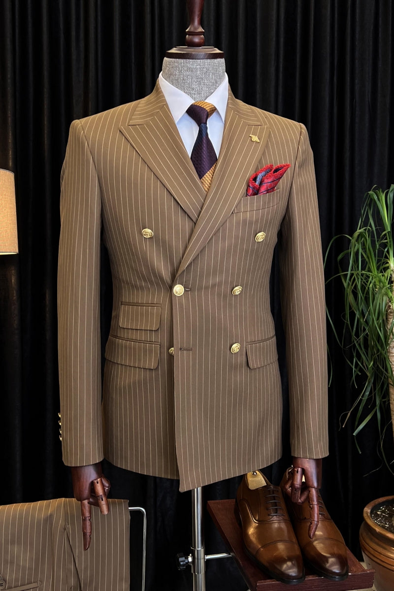 Modern Khaki Striped Double Breasted Formal Suits With Pants