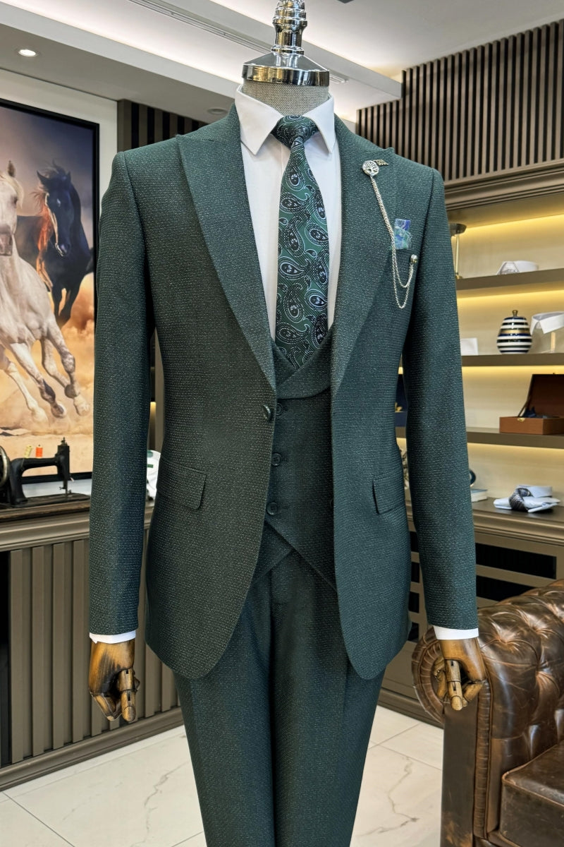 Trendy Dark Green 3 Pieces Business Suits With Vest