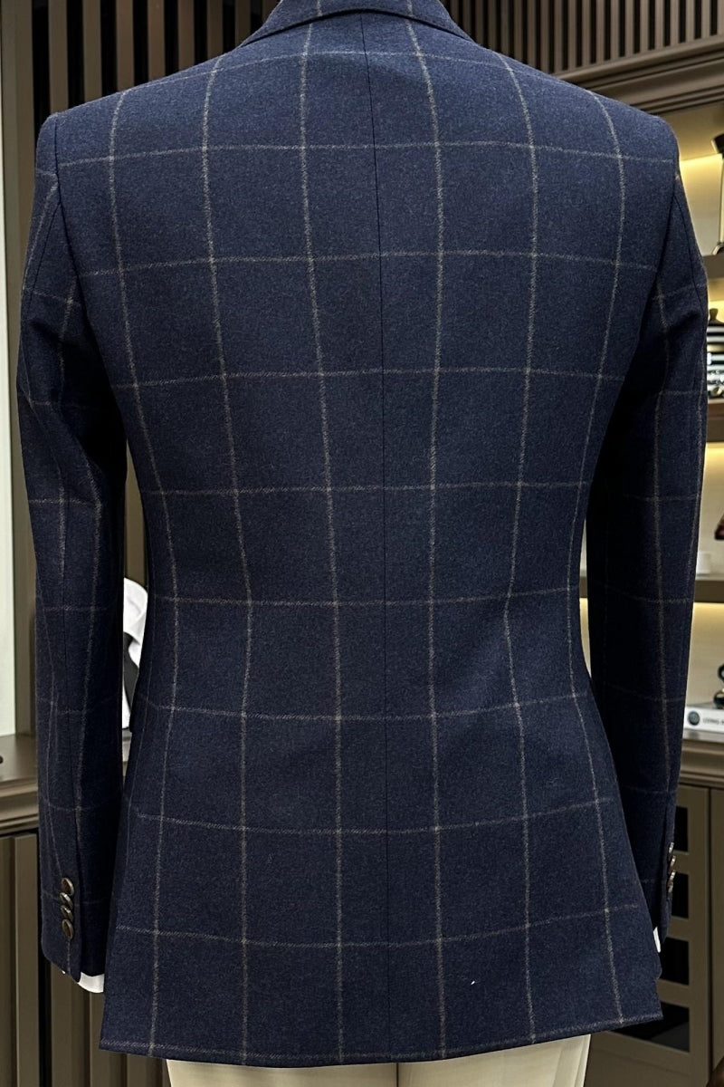 New Arrival Navy Blue Plaid 3 Pieces Business Suits With Vest