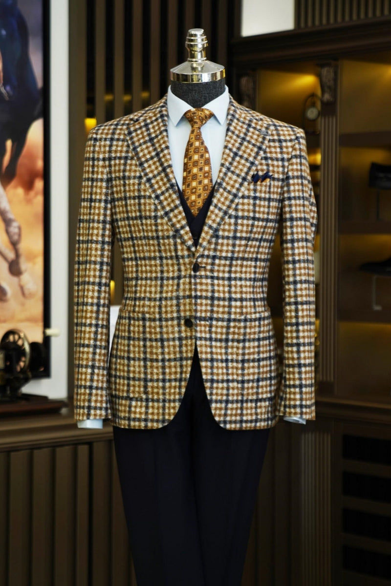 Stylish Yellow Notch Lapel Plaid 3 Pieces Business Suits With Black Vest