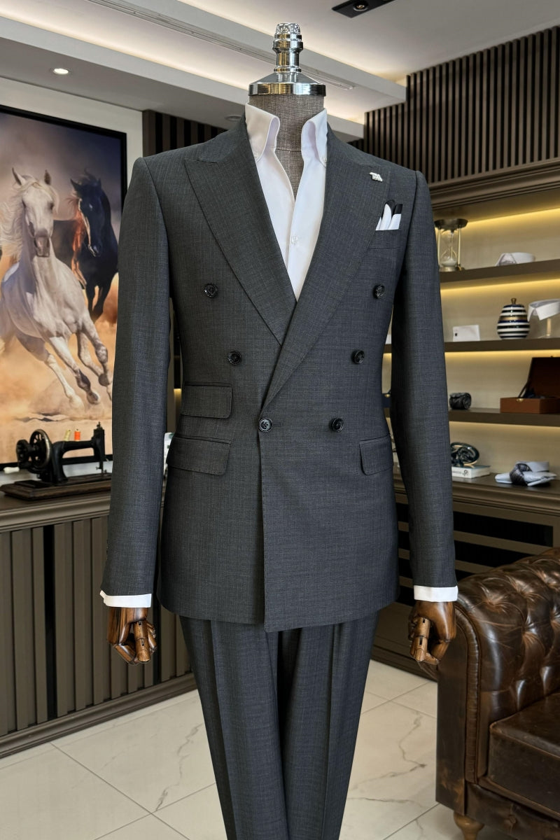 Cool Dark Gray Double Breasted Plaid Formal Suits