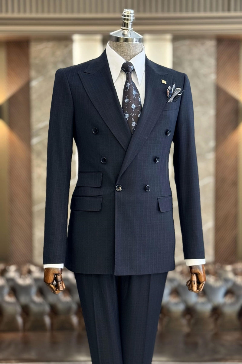New Arrival Navy Blue Double Breasted Plaid Business Suits