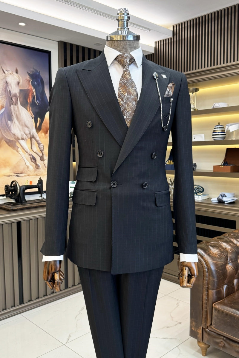 Close Fitting Black Double Breasted Striped Classic Business Men Suits