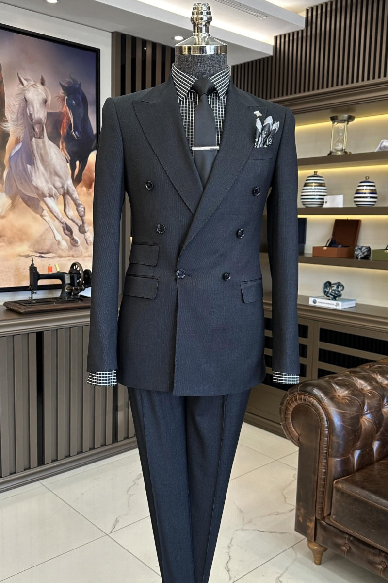 Formal Dark Gray Double Breasted Peaked Lapel Business Suits
