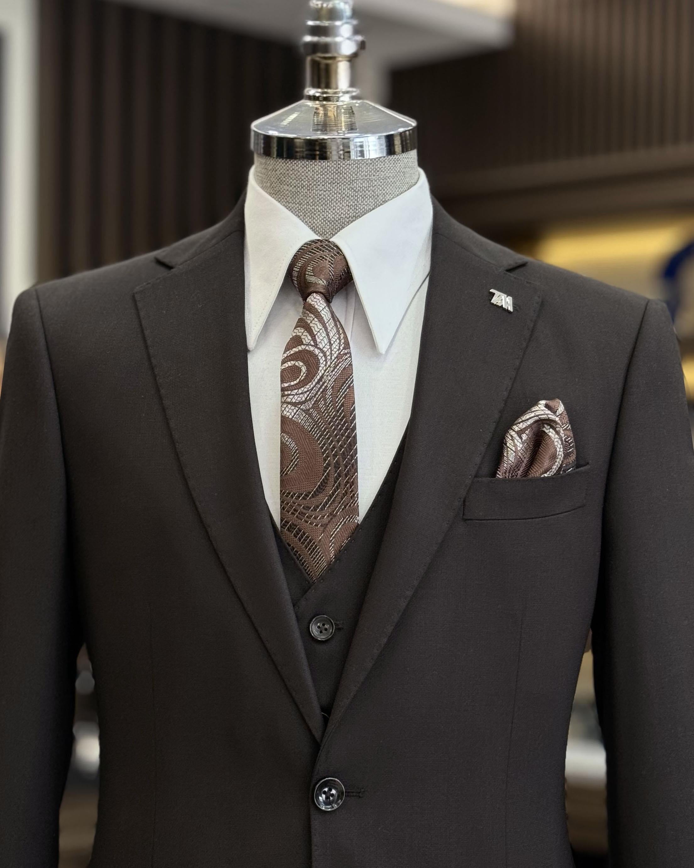 Stylish Notch Lapel Chocolate 3 Pieces Business Suits With Waistcoat