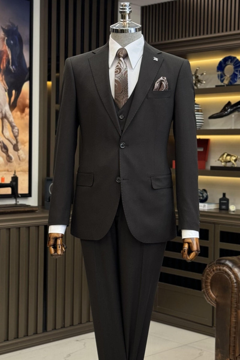 Stylish Notch Lapel Chocolate 3 Pieces Business Suits With Waistcoat