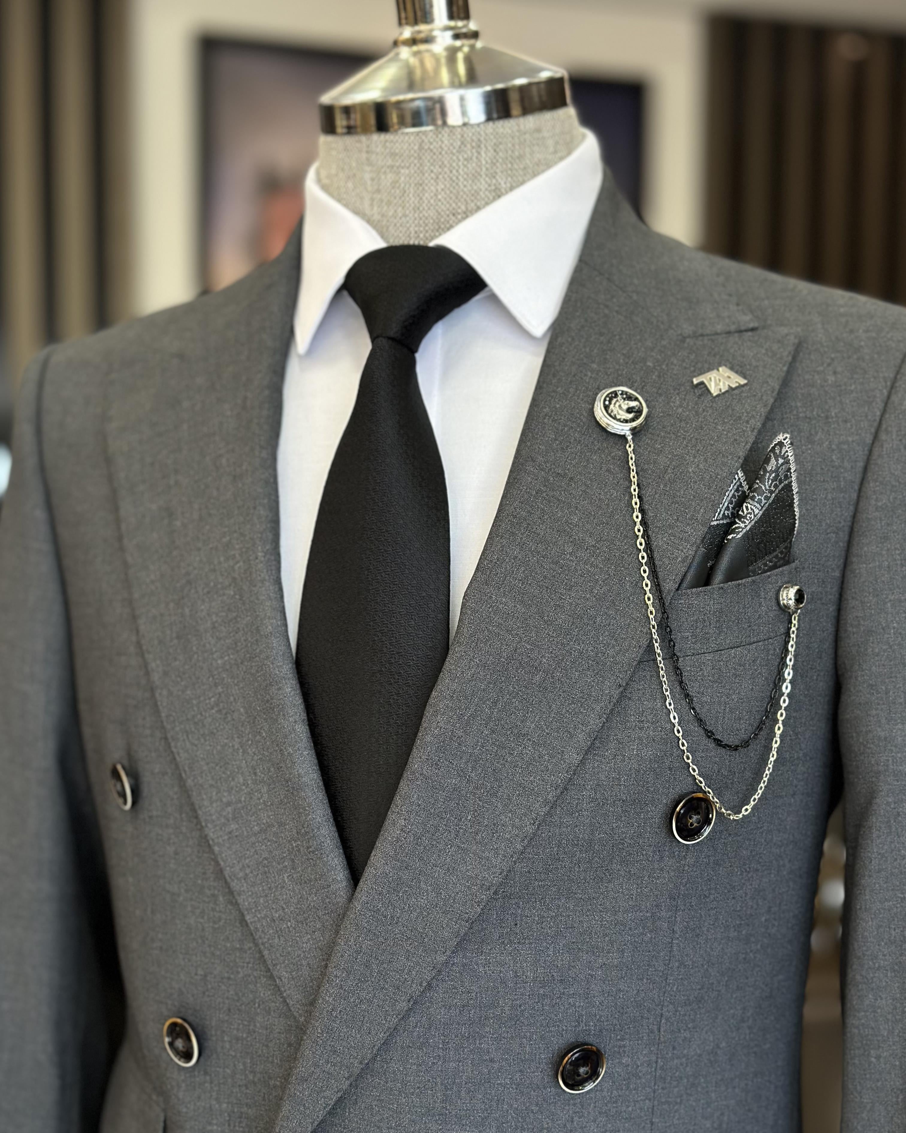 Newest Gray Double Breasted Peaked Lapel Business Suits