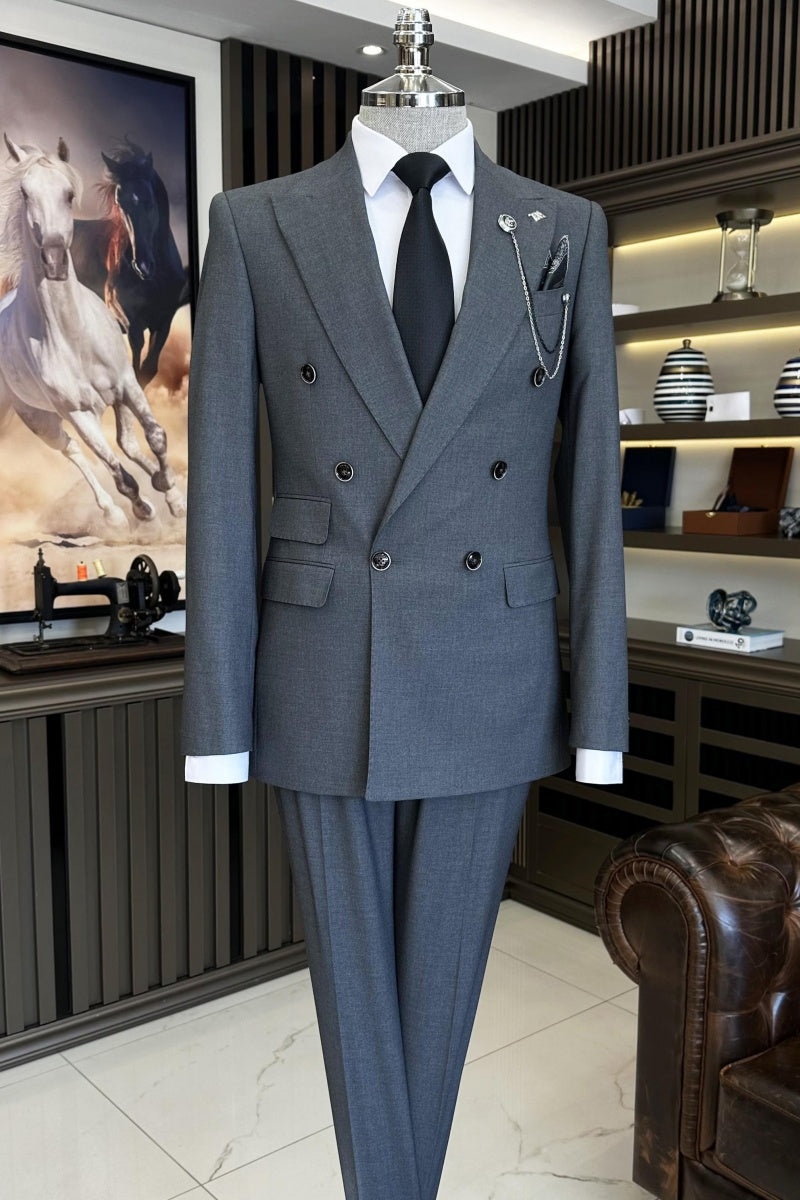 Newest Gray Double Breasted Peaked Lapel Business Suits