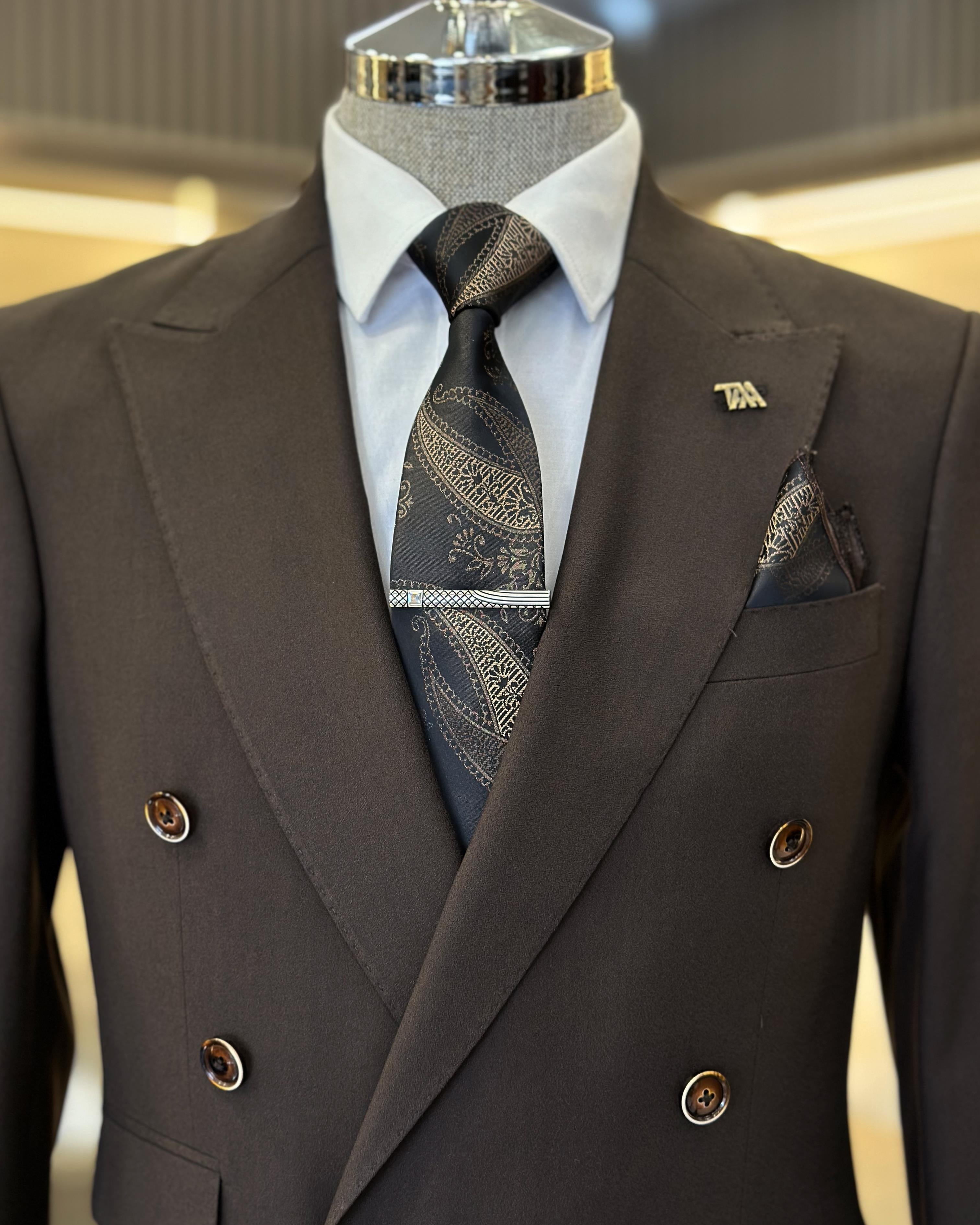 Chic Dark Brown Big And Tall Double Breasted Peaked Business Suits