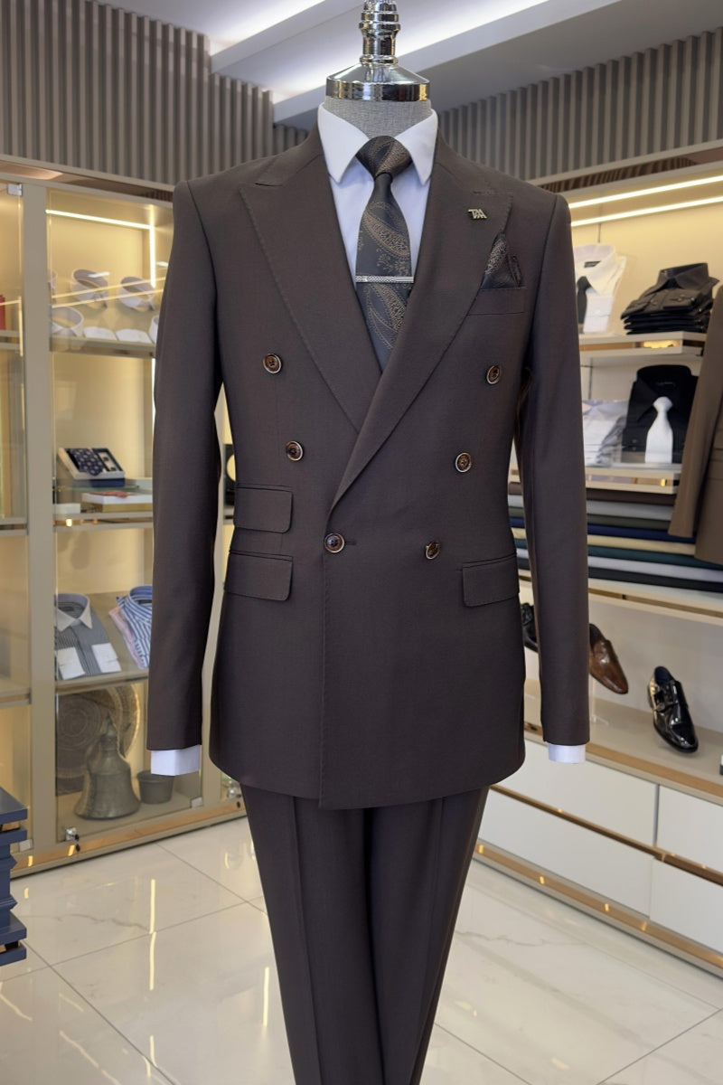 Chic Dark Brown Big And Tall Double Breasted Peaked Business Suits