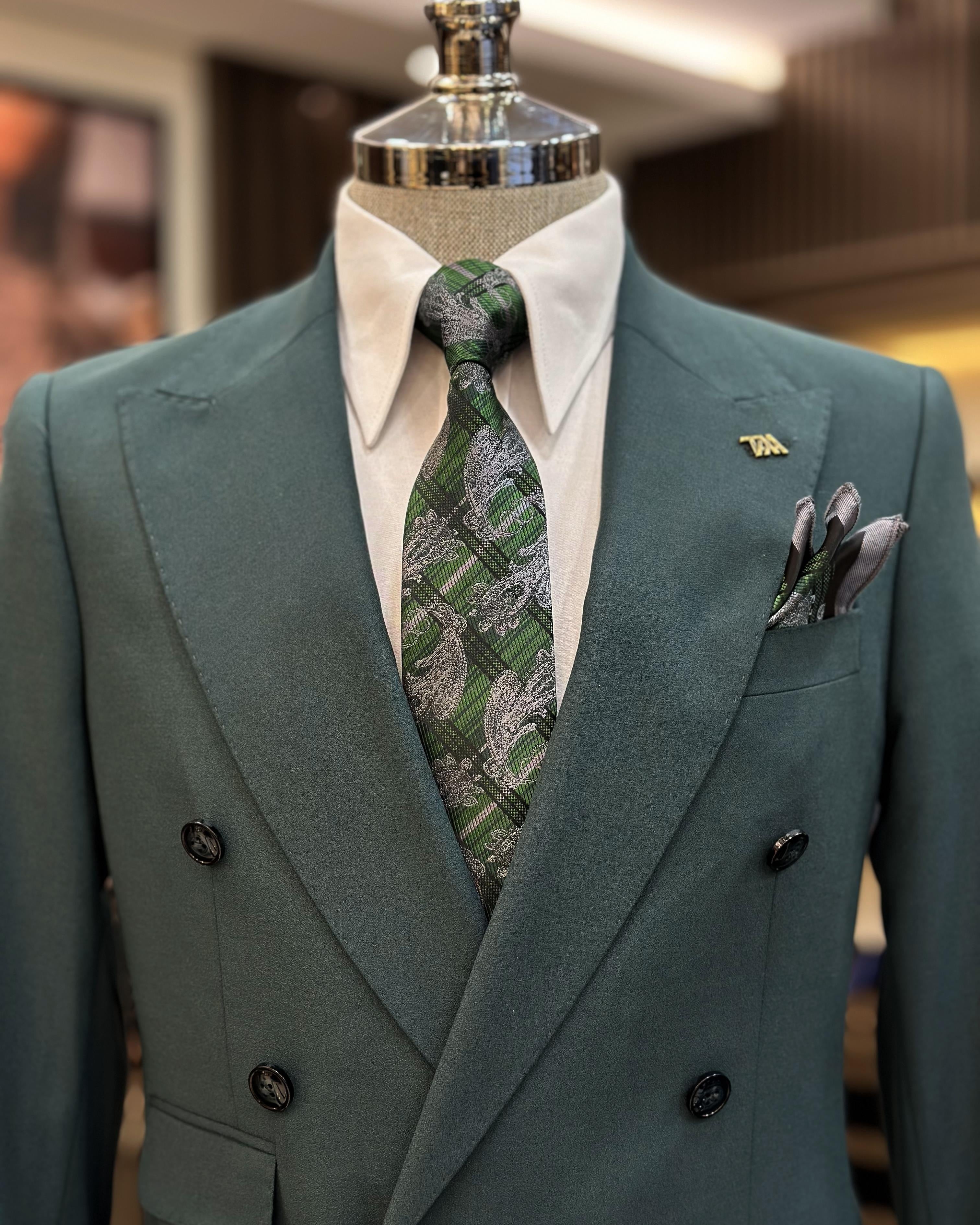 Trendy Deep Lake Green Double Breasted Peaked Lapel Business Men Suits