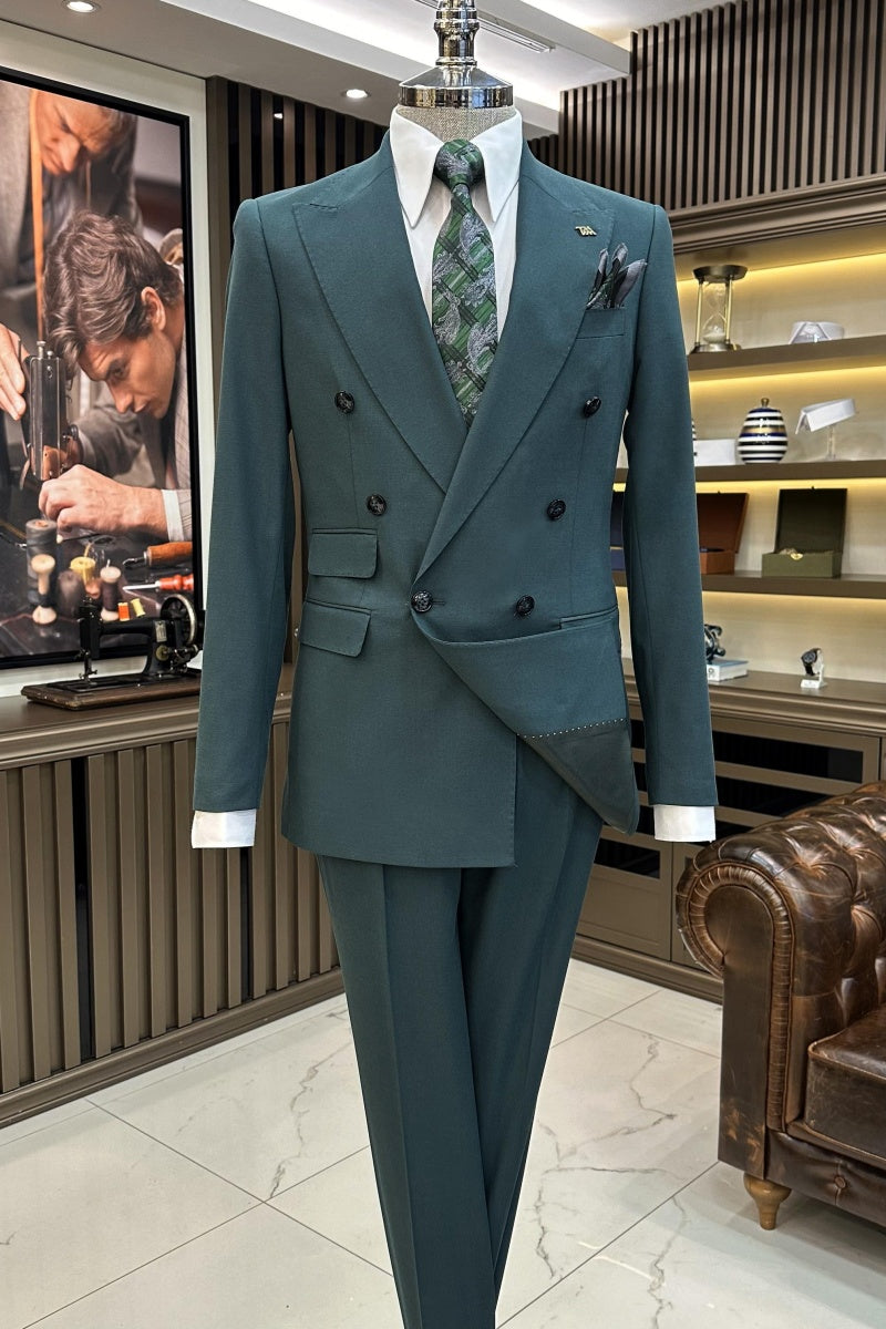Trendy Deep Lake Green Double Breasted Peaked Lapel Business Men Suits