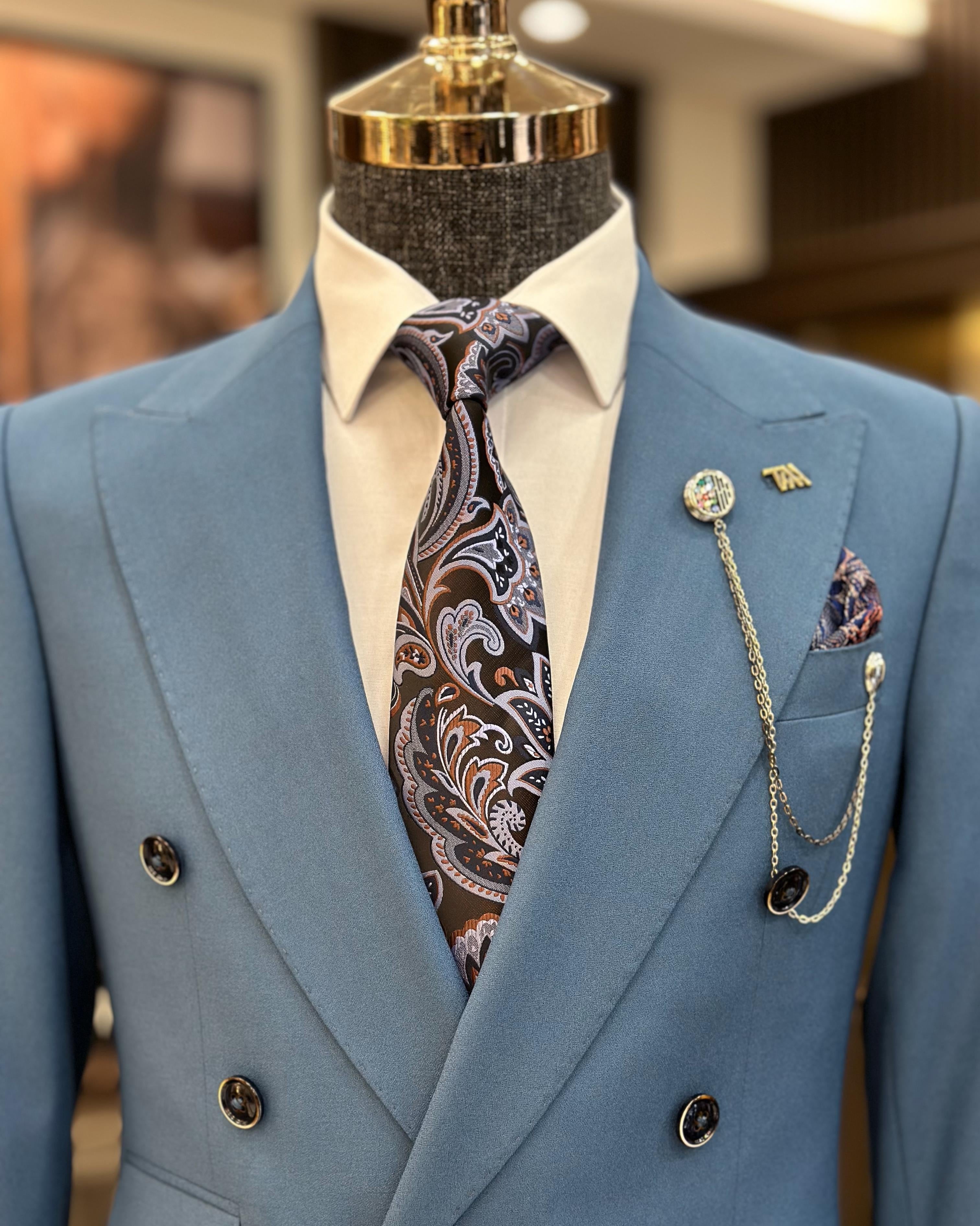 Cool Ocean Blue Double Breasted Peaked Lapel Business Men Suits