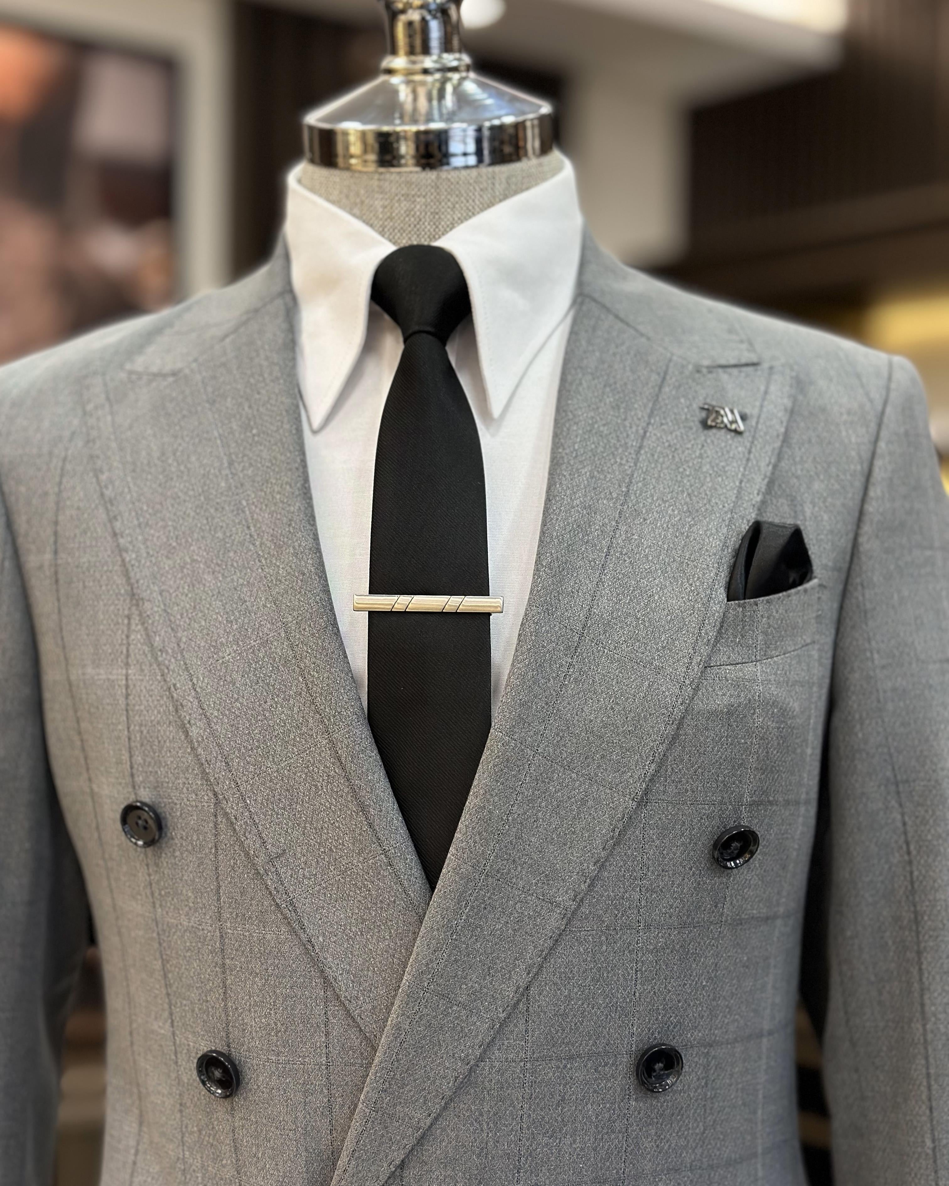 Trendy Light Gray Slim Fit Plaid Double Breasted Business Suits