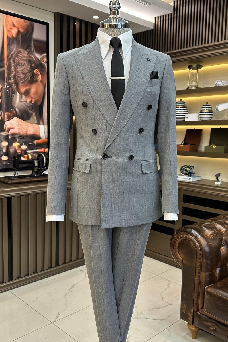 Trendy Light Gray Slim Fit Plaid Double Breasted Business Suits