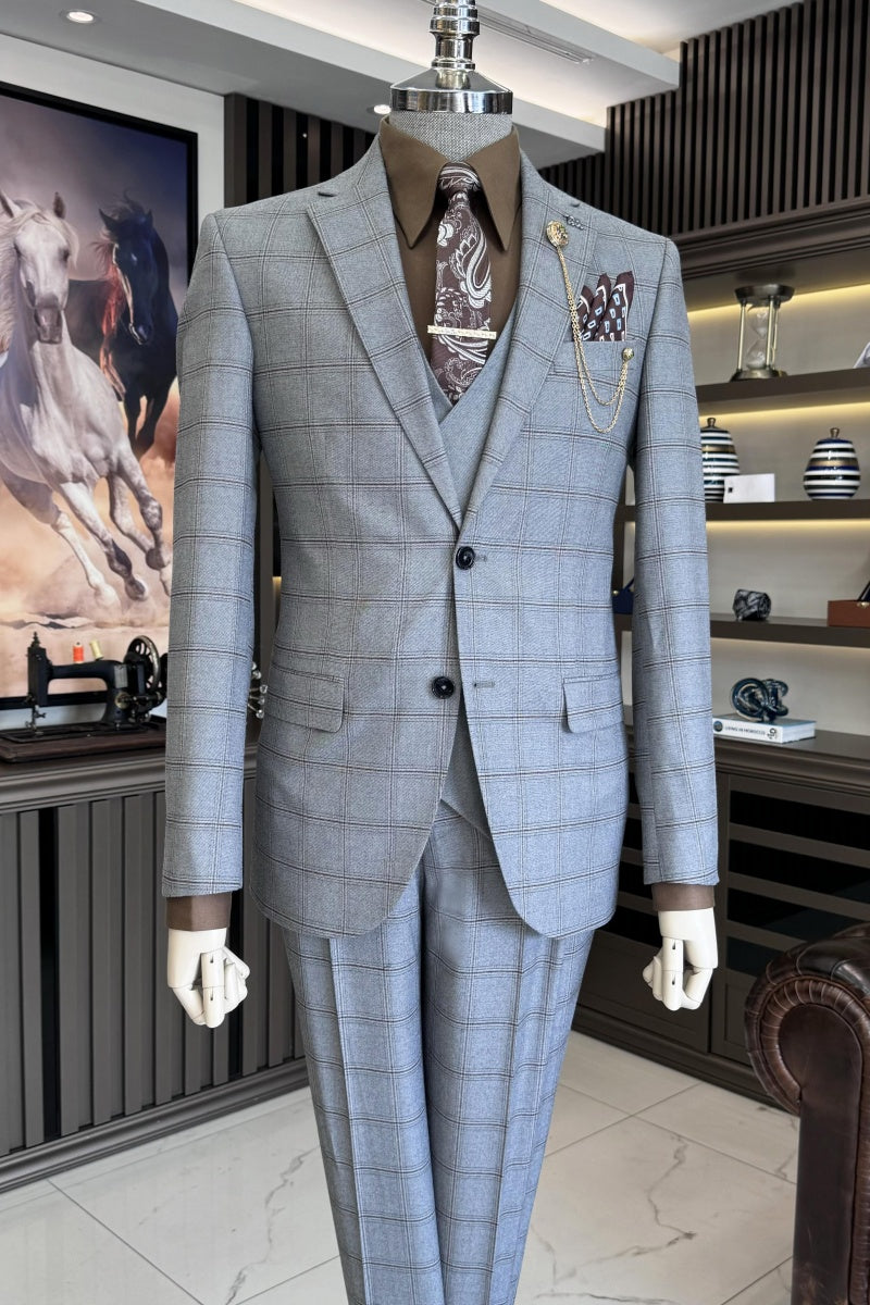 Chic Light Gray 3 Pieces Plaid Notch Business Suits With Pants