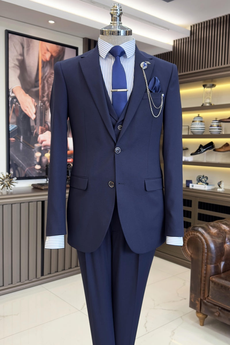 Trendy Navy Blue 3 Pieces Notch Lapel Business Suits For Men