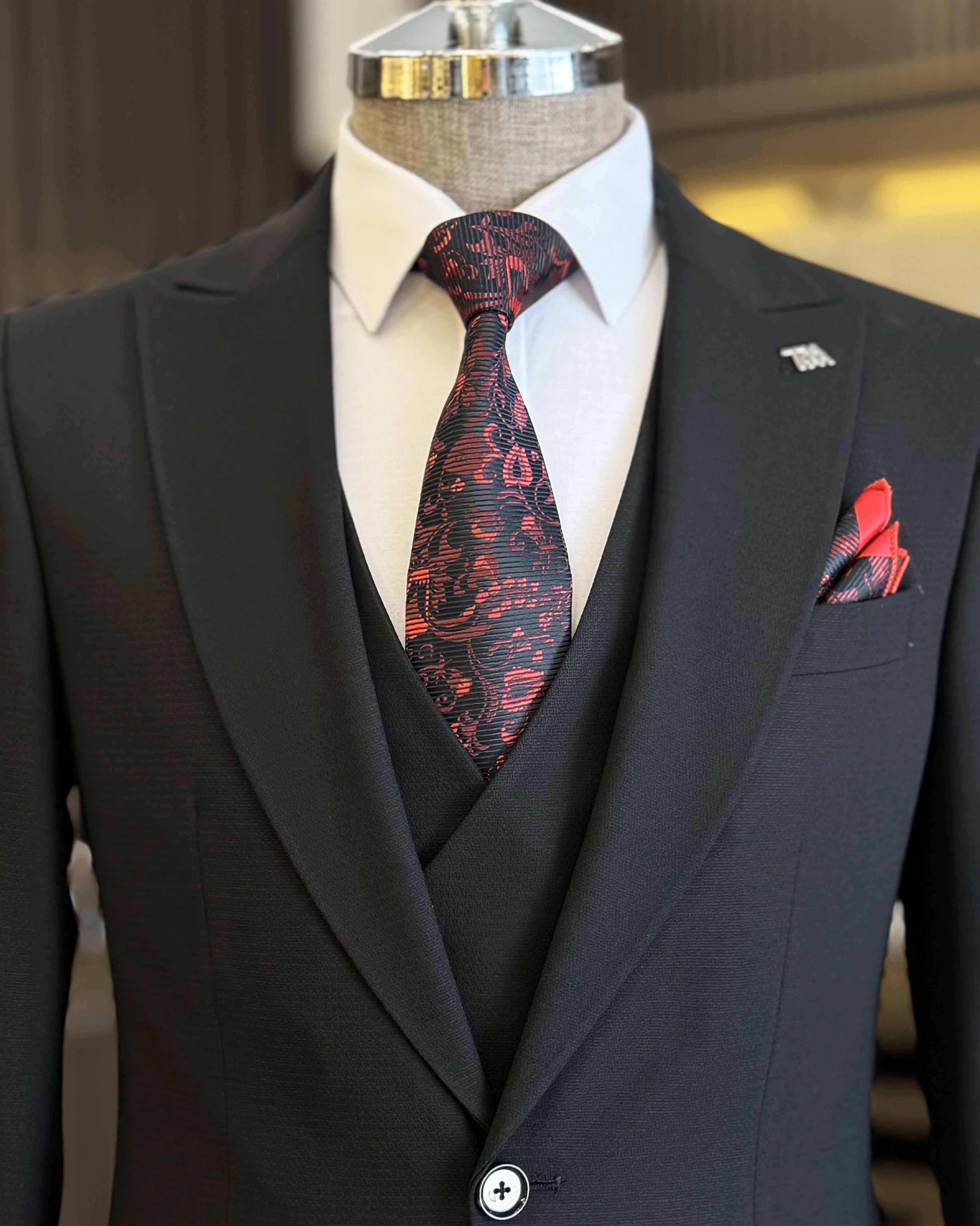 Classic Black 3 Pieces Close Fitting Business Suits With Waistcoat
