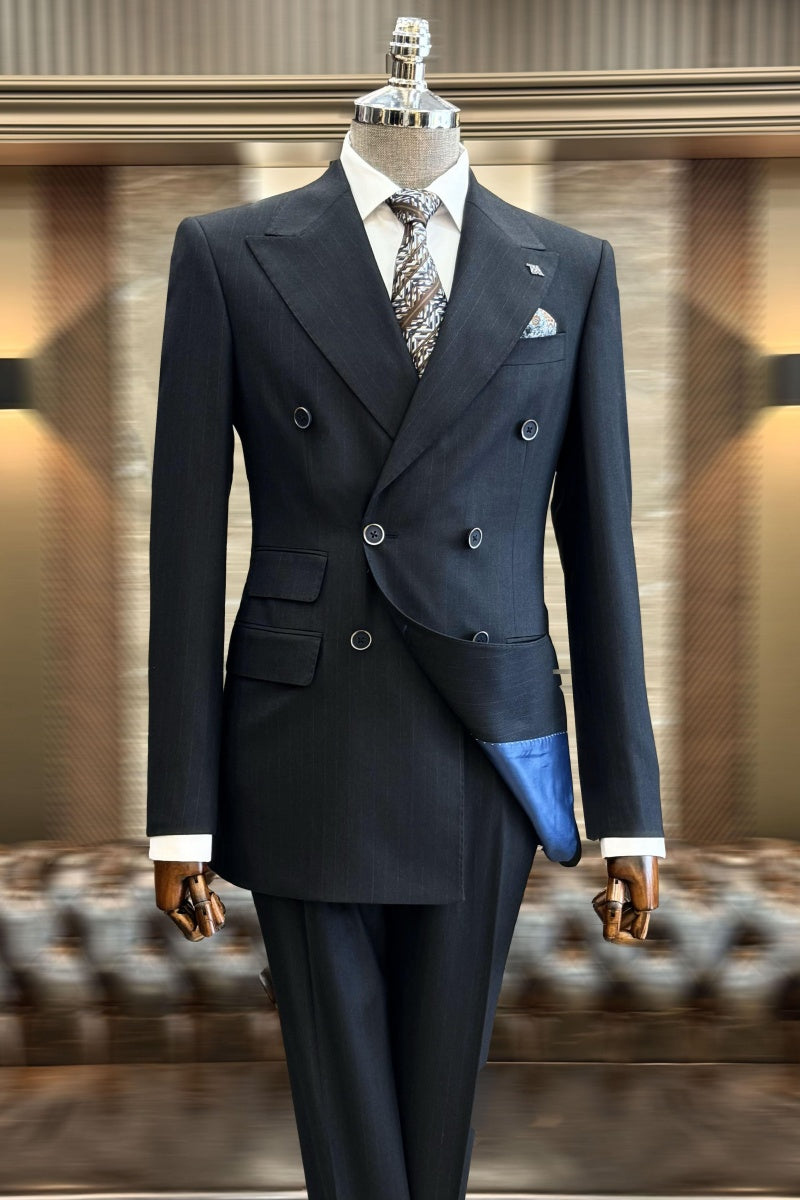 Fashion Dark Gray Double Breasted Striped Slim Fit Business Suits