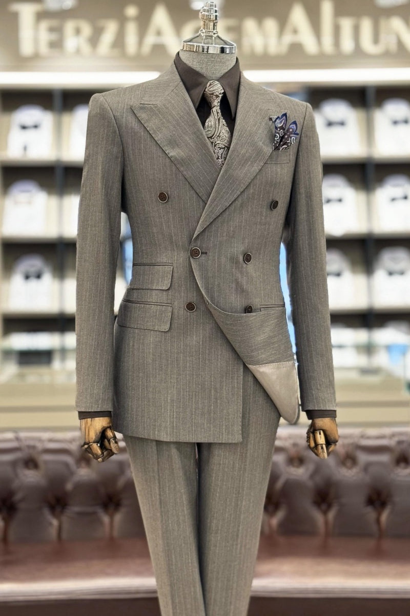 Stylish Light Gray Pinstriped Double Breasted Business Suits For Men