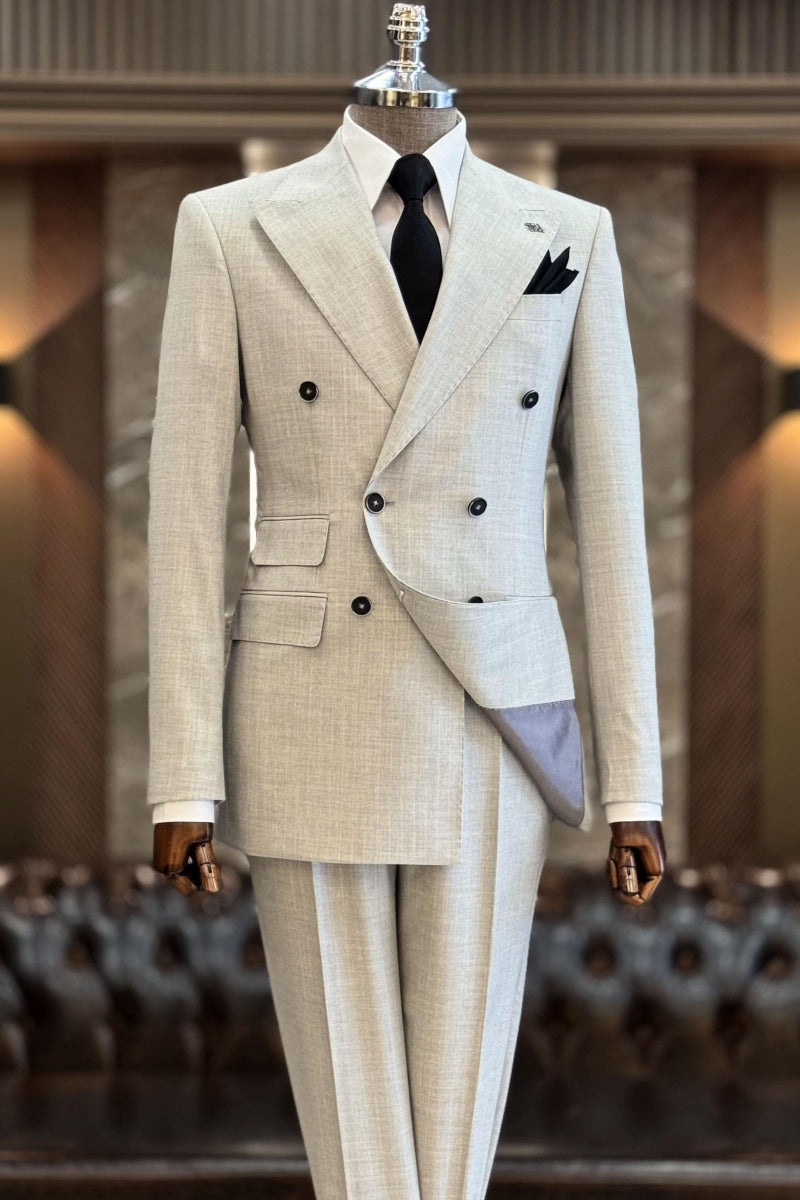 Chic Off-white Double Breasted Striped Business Suits For Men