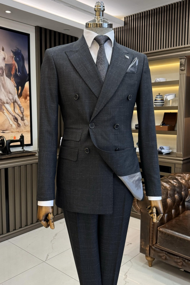 Slim Fit Dark Gray Plaid Double Breasted Business Men Suits