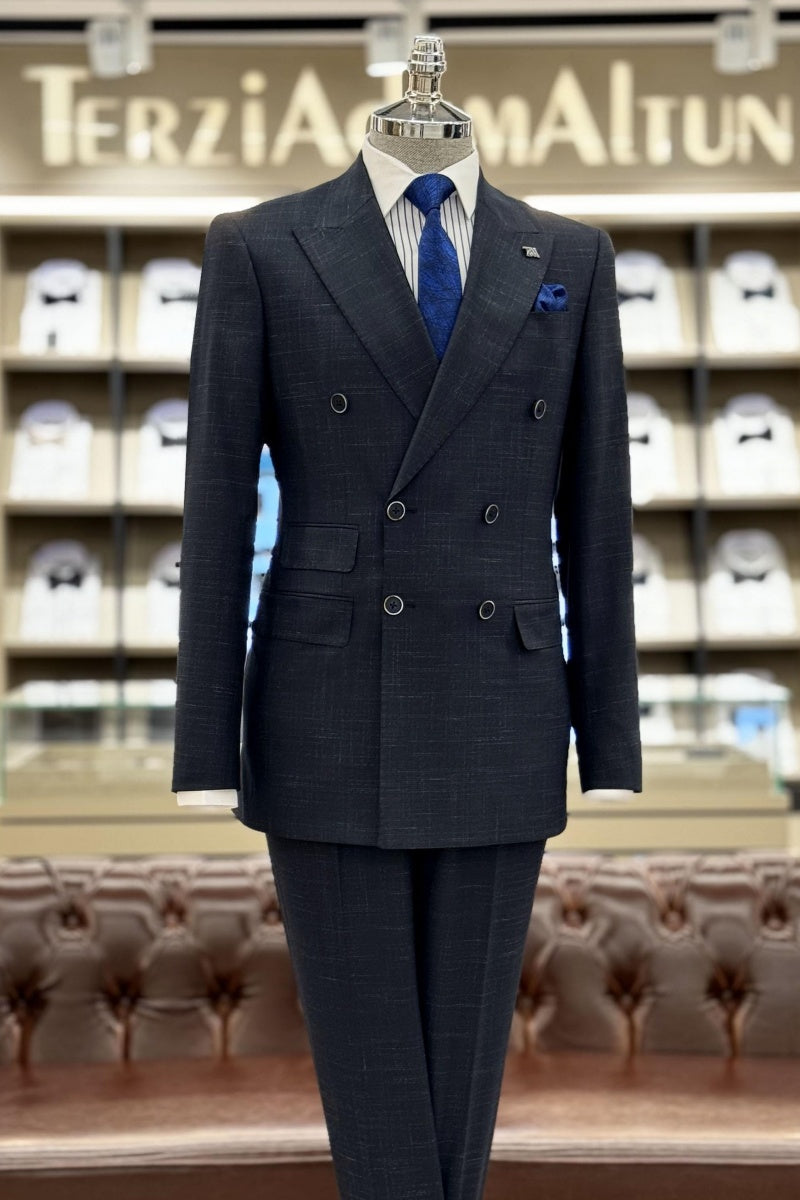Trendy Gray-blue Plaid Double Breasted Business Suits For Men
