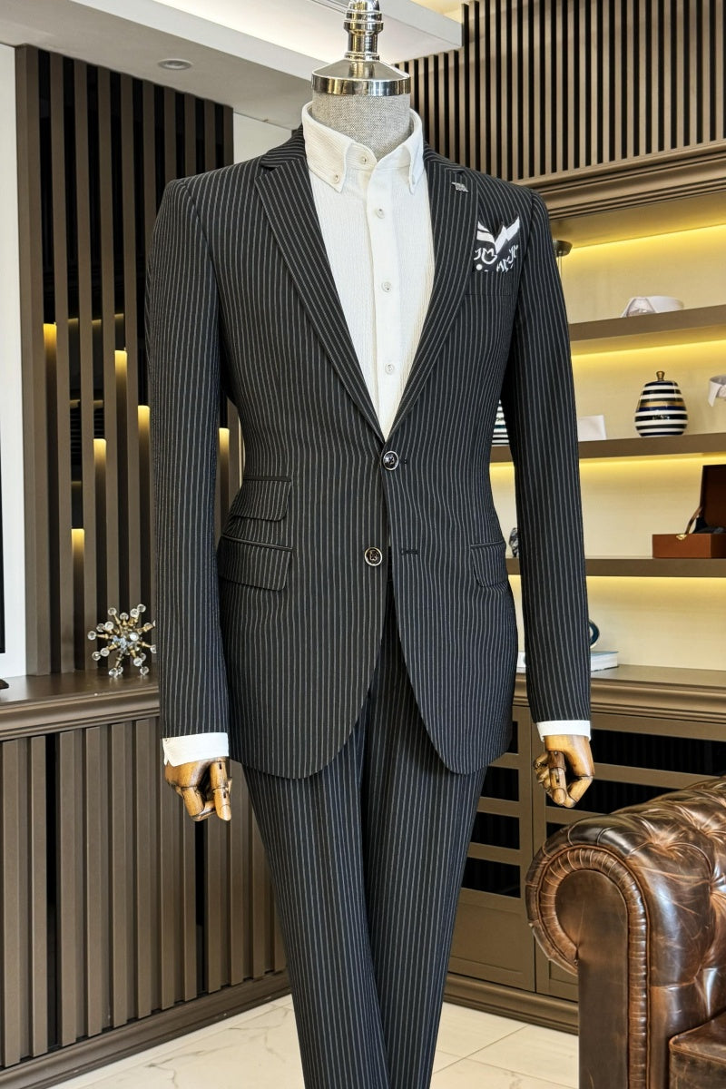 Classic Black Notch Striped Big And Tall Business Suits For Men