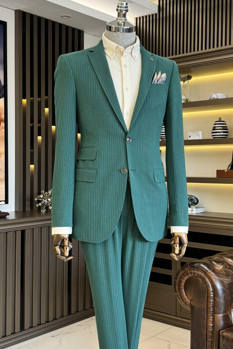 Stylish Jade Notch Lapel Pinstriped Business Suits