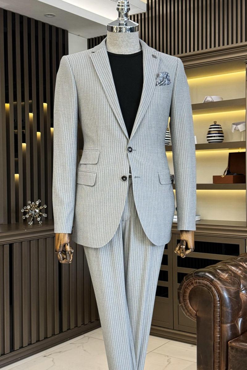 Chic Gray Notch Lapel Pinstriped Business Men Suits
