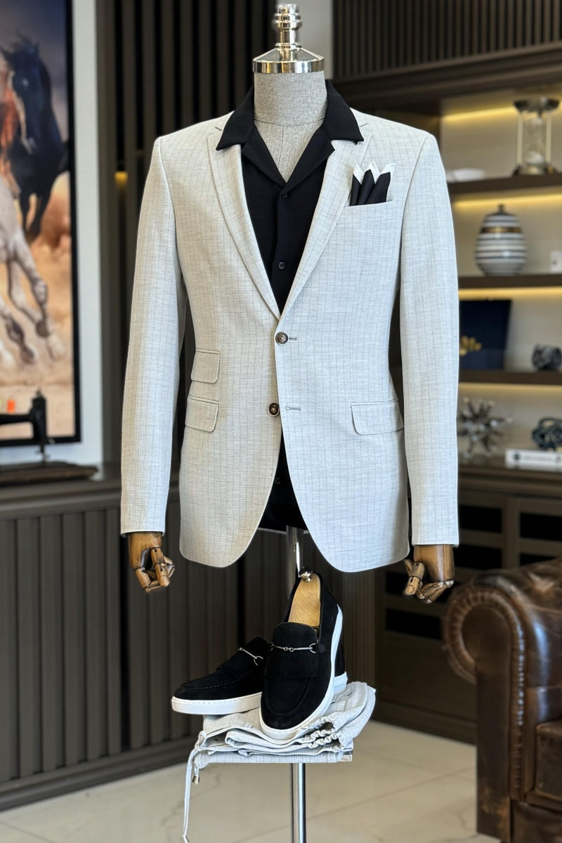 Fashion Light Gray Pinstriped Notch Lapel Business Suits