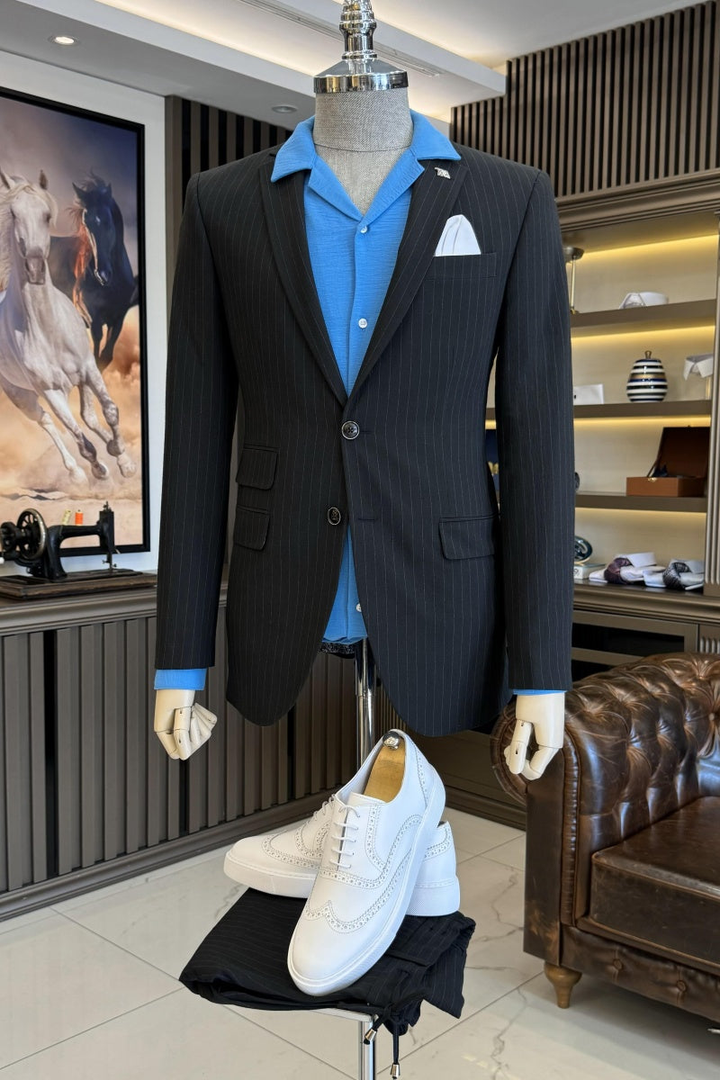 Classic Black Pinstriped Notch Lapel Business Men Suits