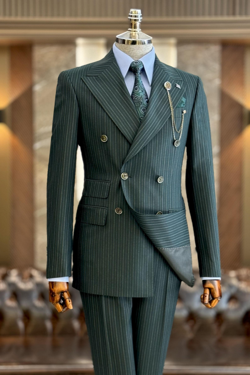 Stylish Dark Green Double Breasted Striped Business Suits