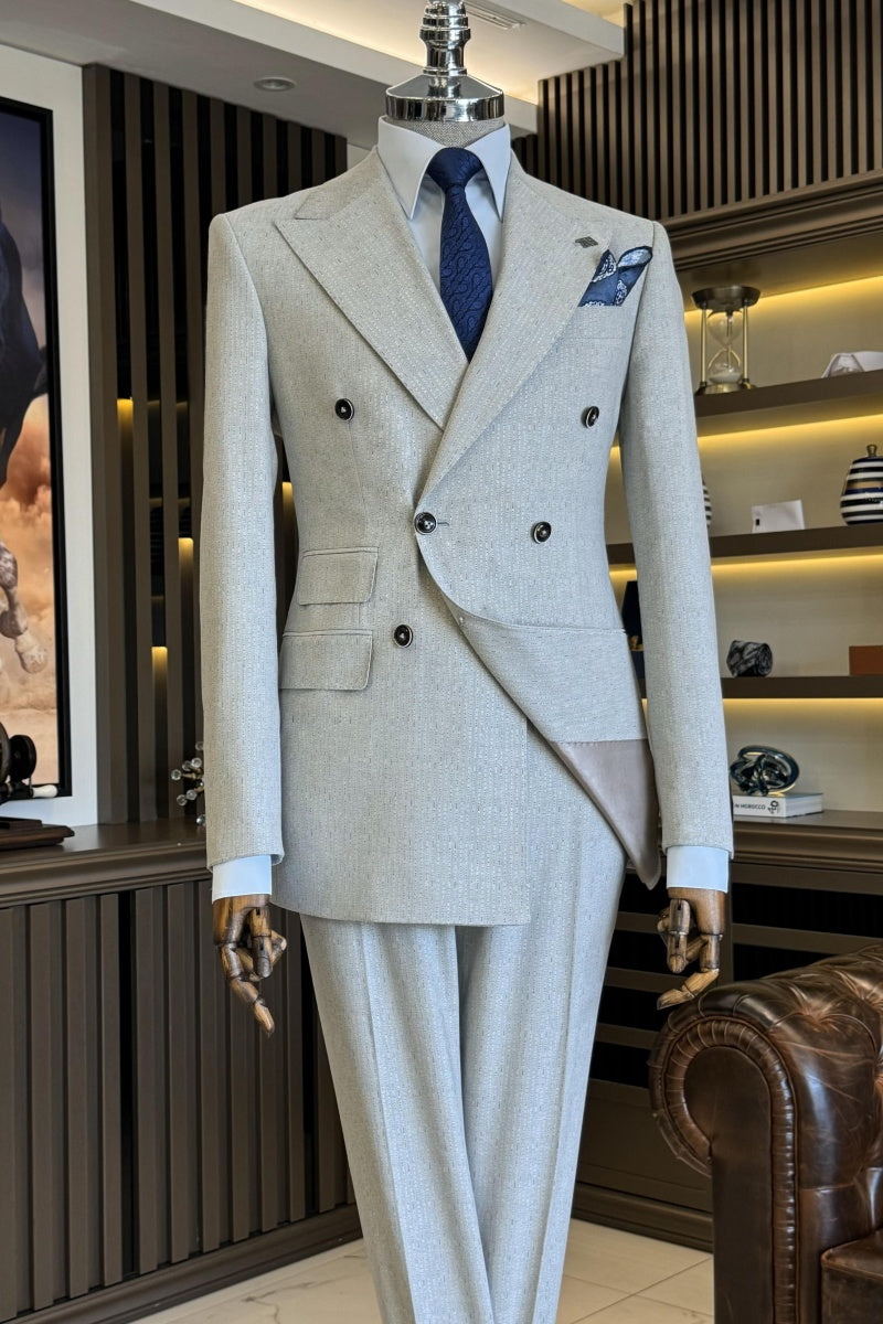 Chic Light Gray Double Breasted Pinstriped Business Suits