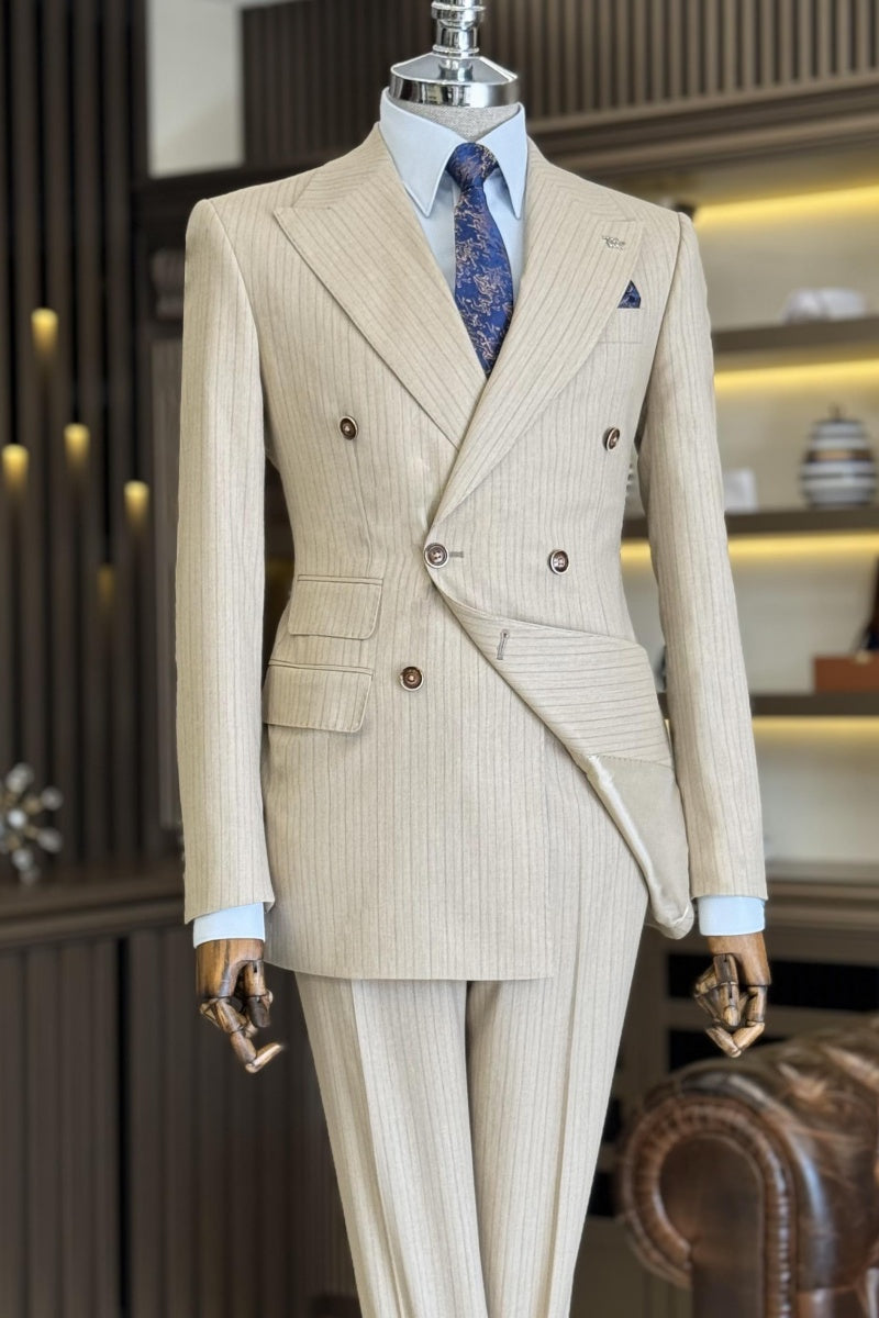 Fancy Beige Double Breasted Pinstriped Peaked Lapel Business Suits