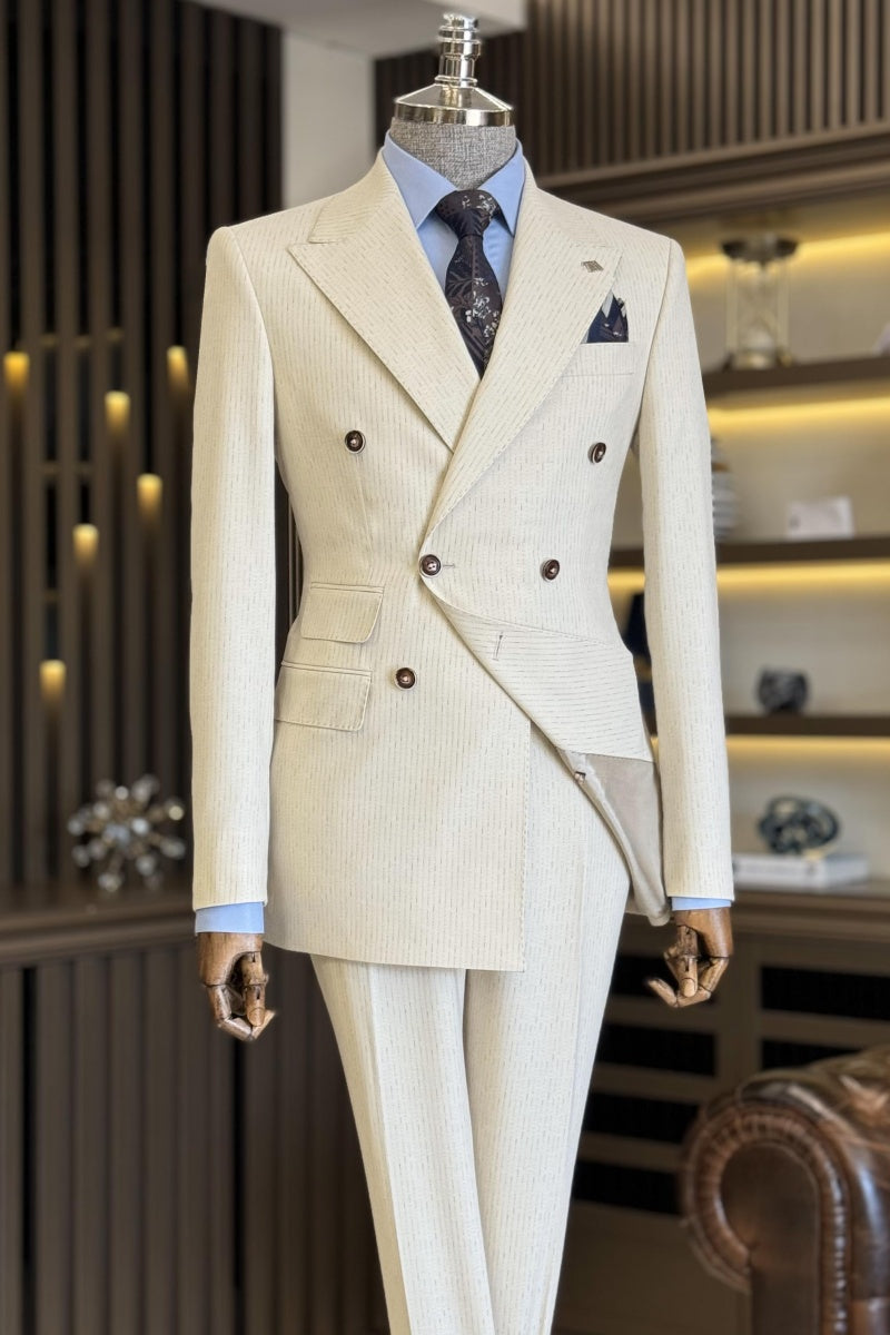Trendy Off-white Double Breasted Pinstriped Business Suits