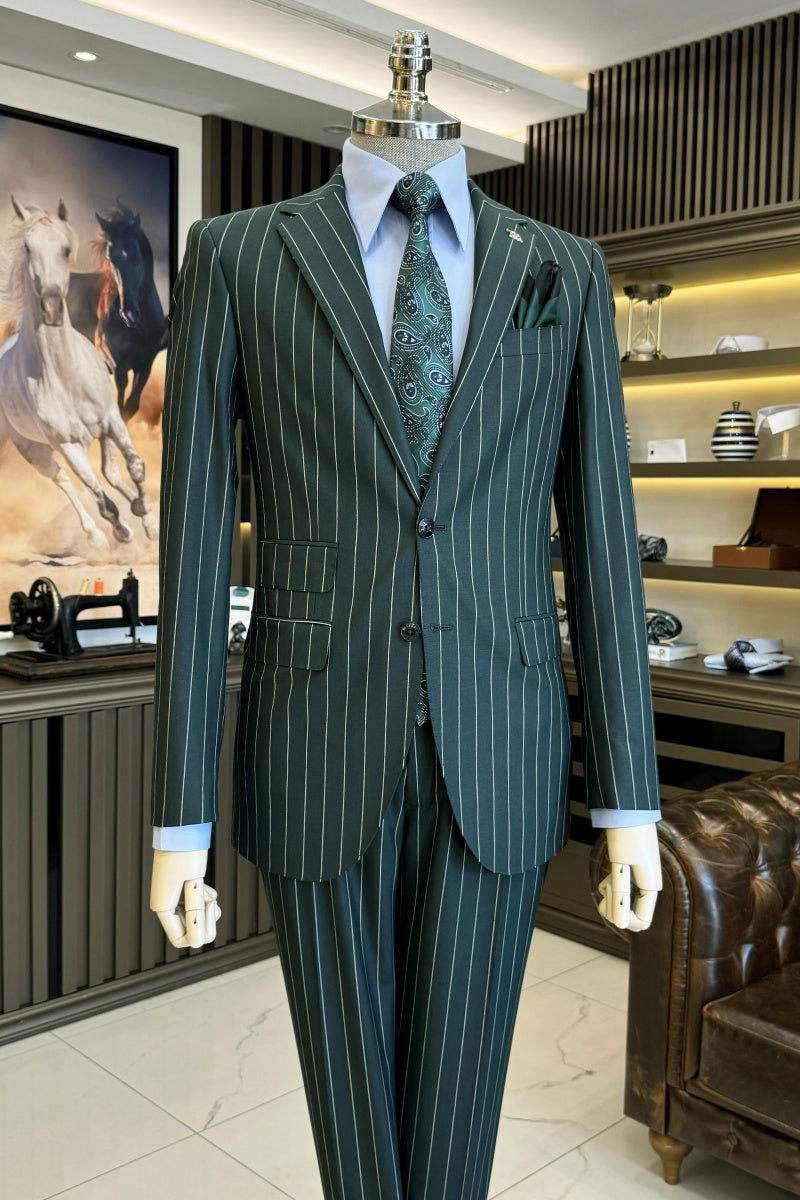 Fashion Dark Green Notch Lapel Striped Business Suits