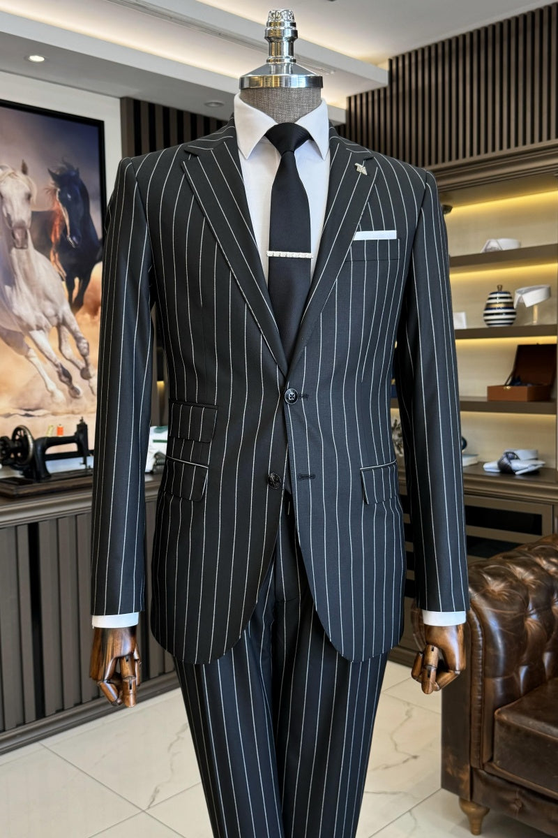 Formal Black Notch Lapel Striped Business Suits For Men