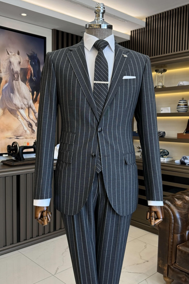 Chic Dark Gray Notch Lapel Striped Business Suits