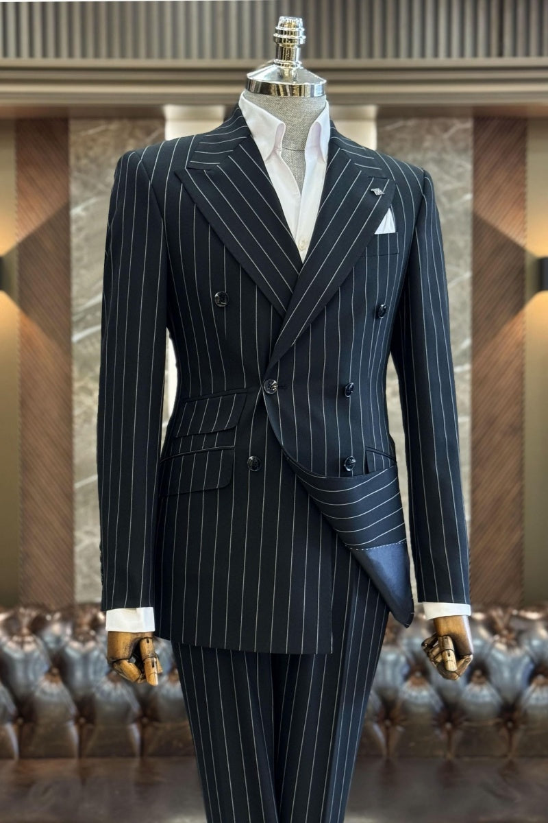 Modern Black Double Breasted Pinstriped Slim Fit Business Suits