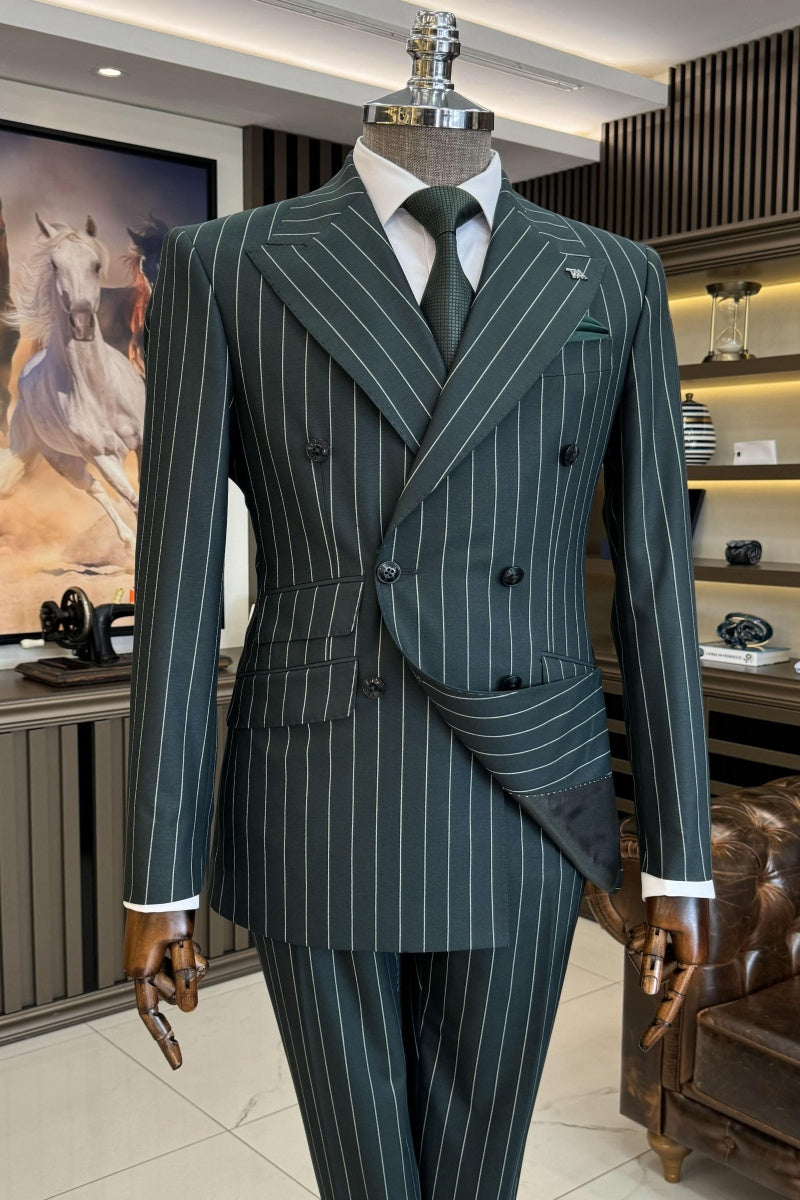 Trendy Dark Green Pinstriped Double Breasted Business Men Suits