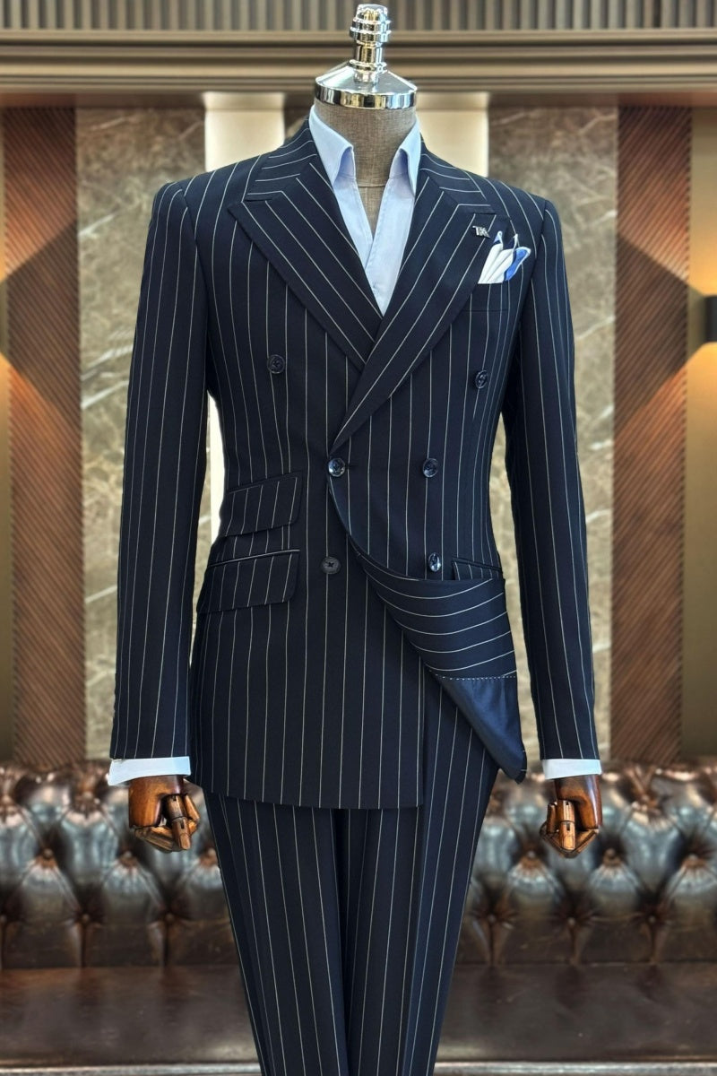 Fashion Navy Blue Pinstriped Double Breasted Business Men Suits