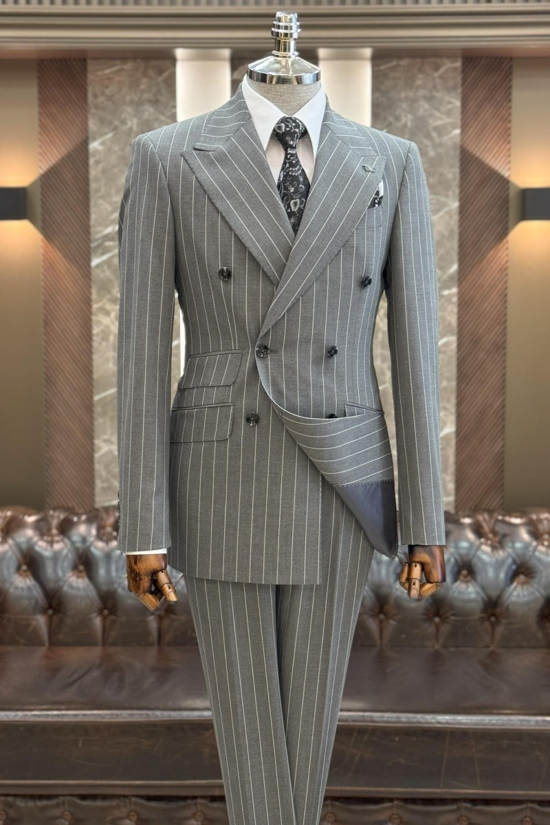 Chic Dark Gray Pinstriped Double Breasted Business Suits