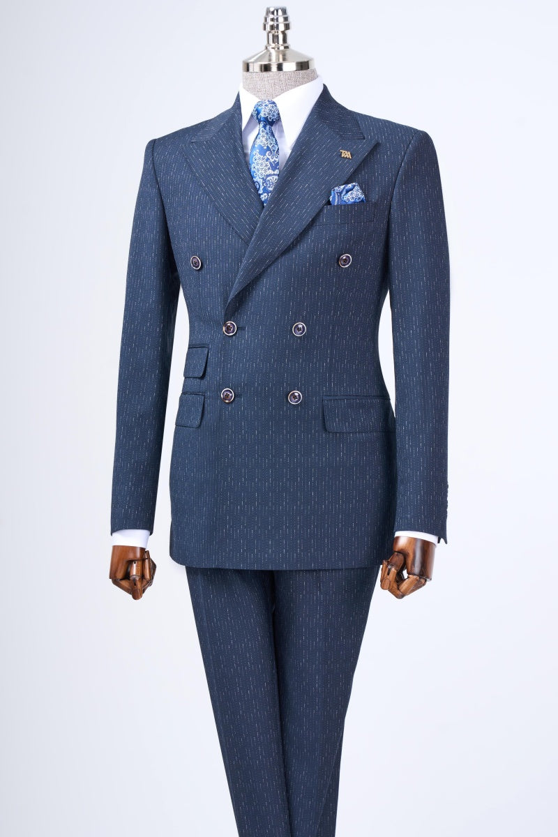 Slim Fit Double Breasted Navy Blue Pinstriped Business Suits