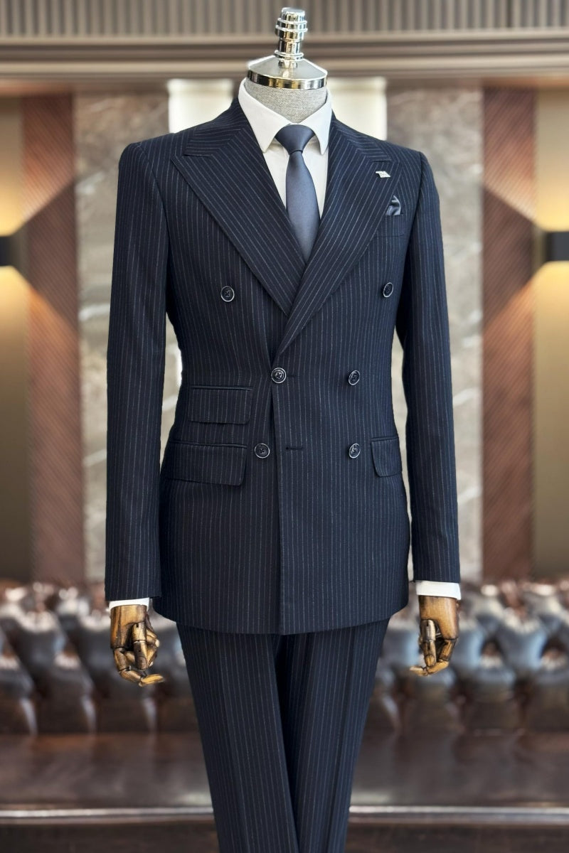 Fashion Dark Navy Double Breasted Pinstriped Business Suits