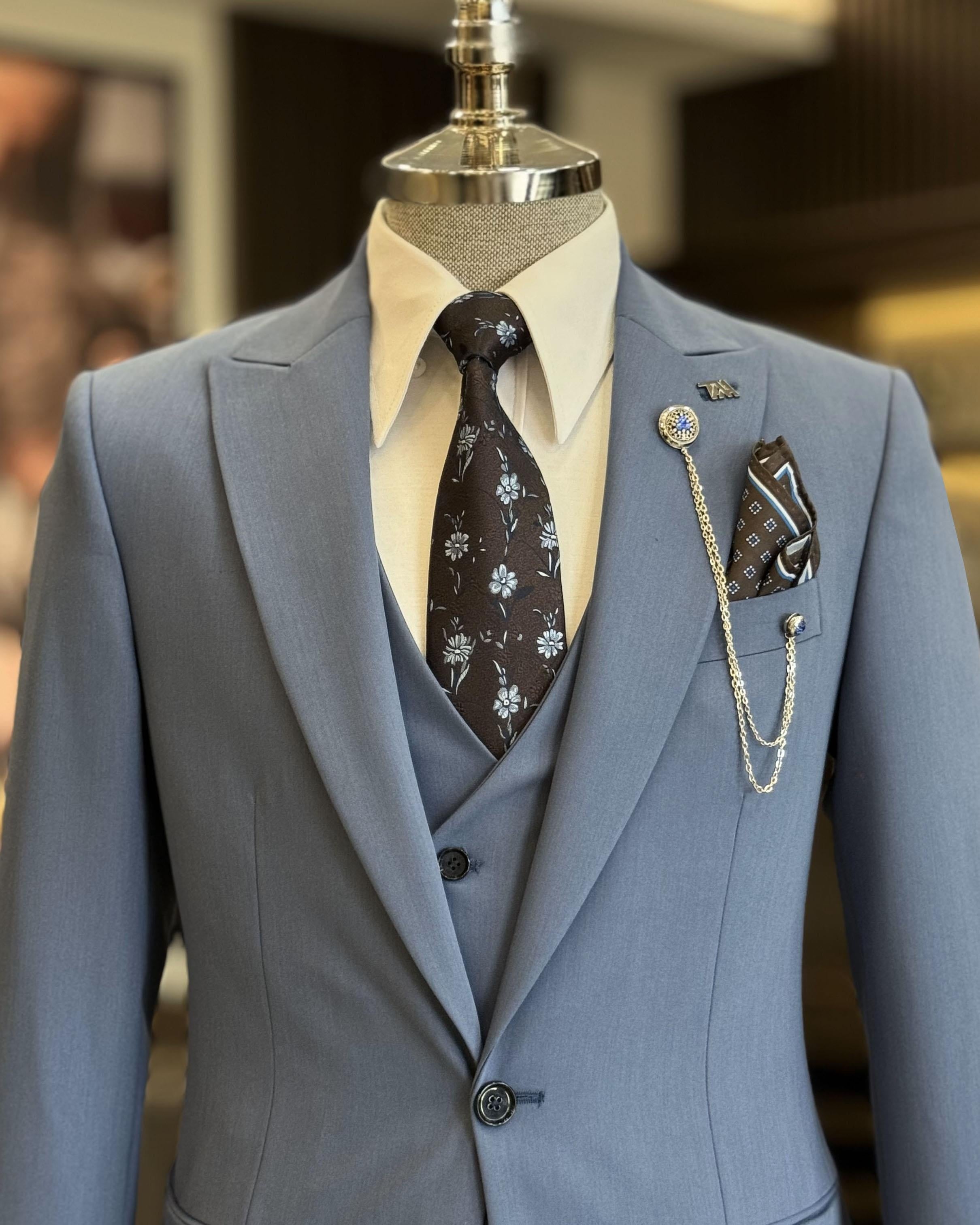 Chic Ocean Blue 3 Pieces Business Suits With Waistcoat