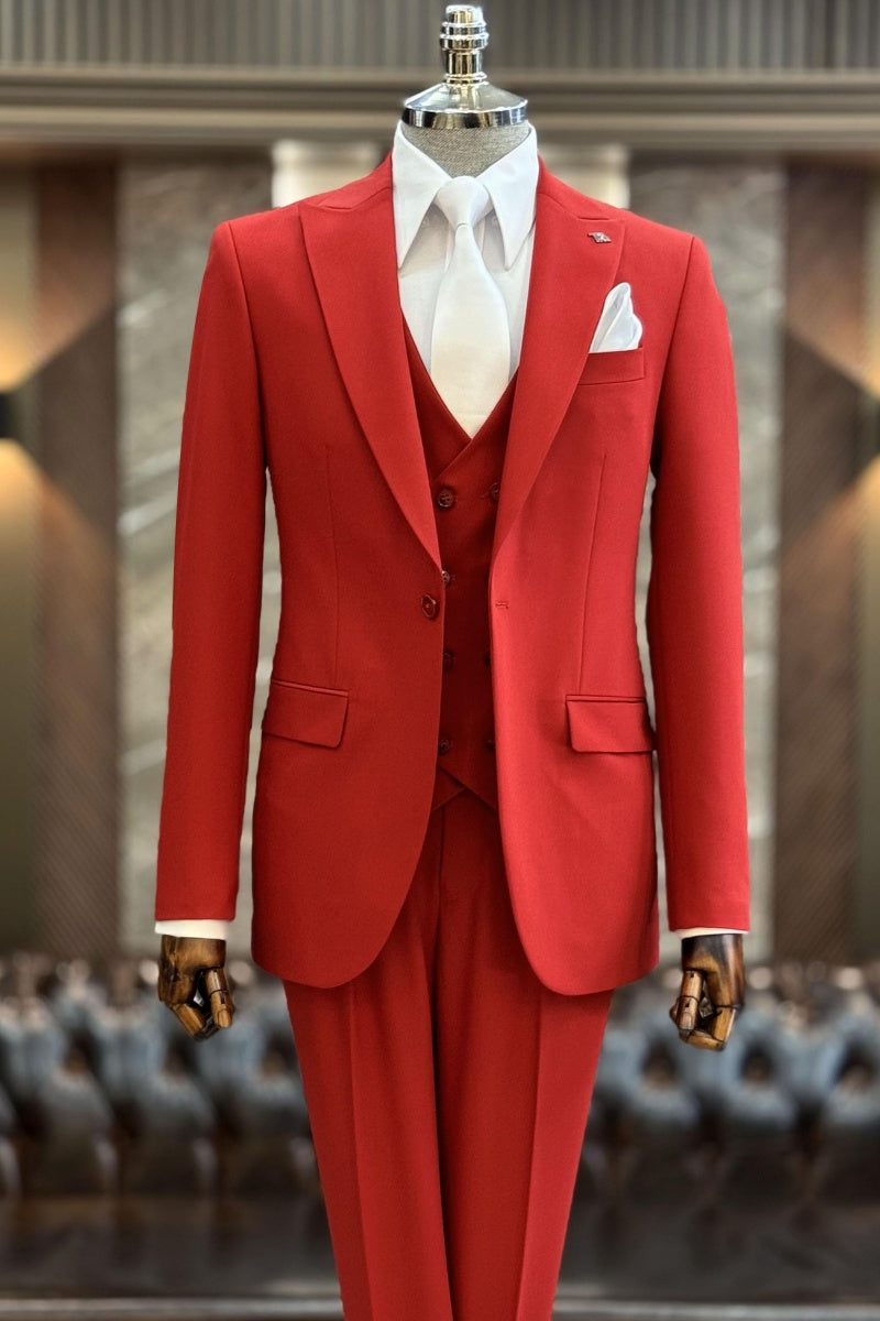 Fashion Red Peaked Lapel 3 Pieces Prom Suits For Men