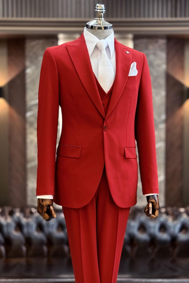 Fashion Red Peaked Lapel 3 Pieces Prom Suits For Men