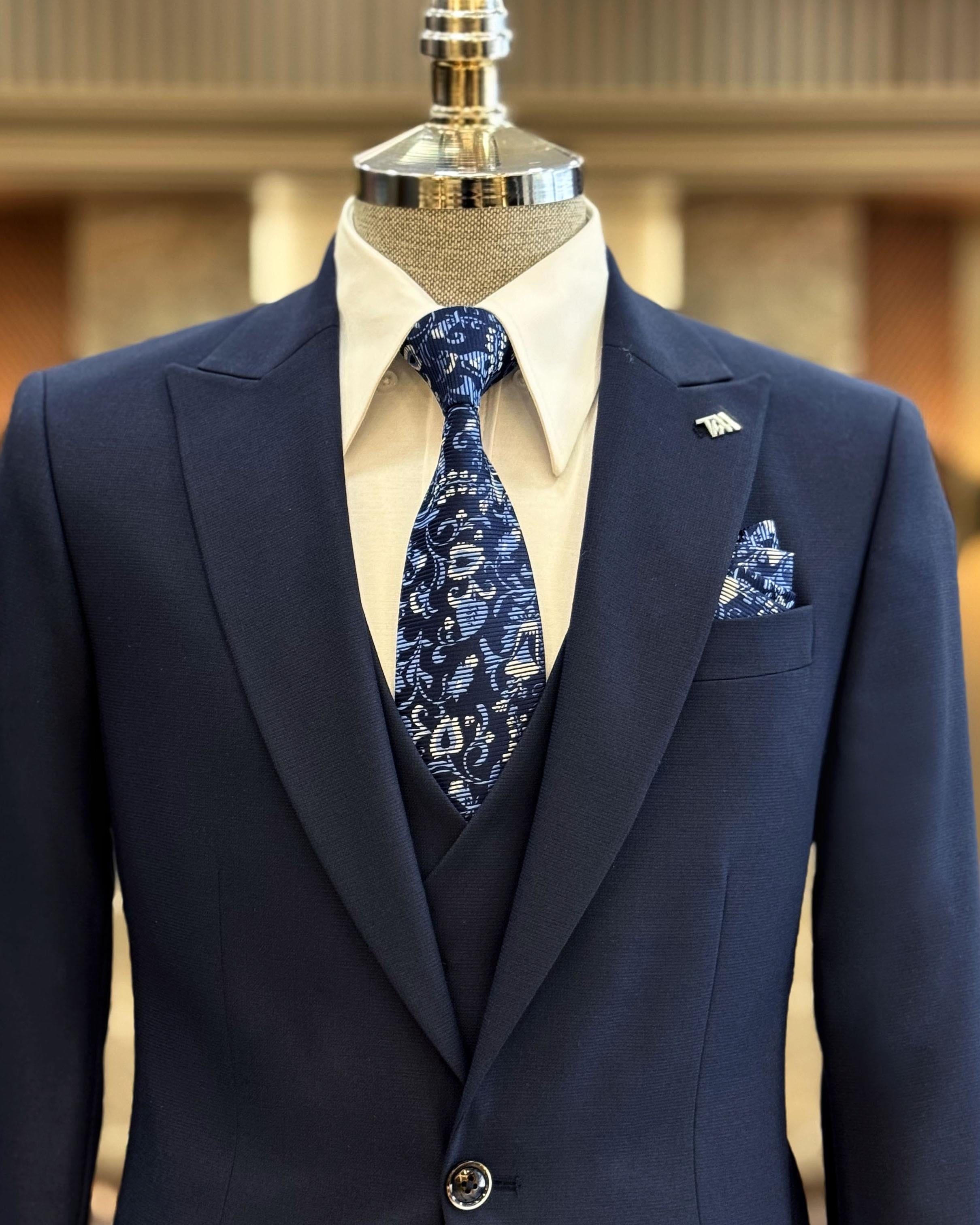 Modern Navy Blue 3 Pieces Business Men Suits With Waistcoat